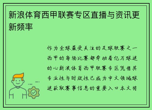 新浪体育西甲联赛专区直播与资讯更新频率